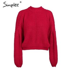 Simplee Cherry Red Knit Sweater- Small